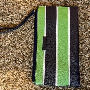 Vera Bradley coated canvas green and navy striped wristlet